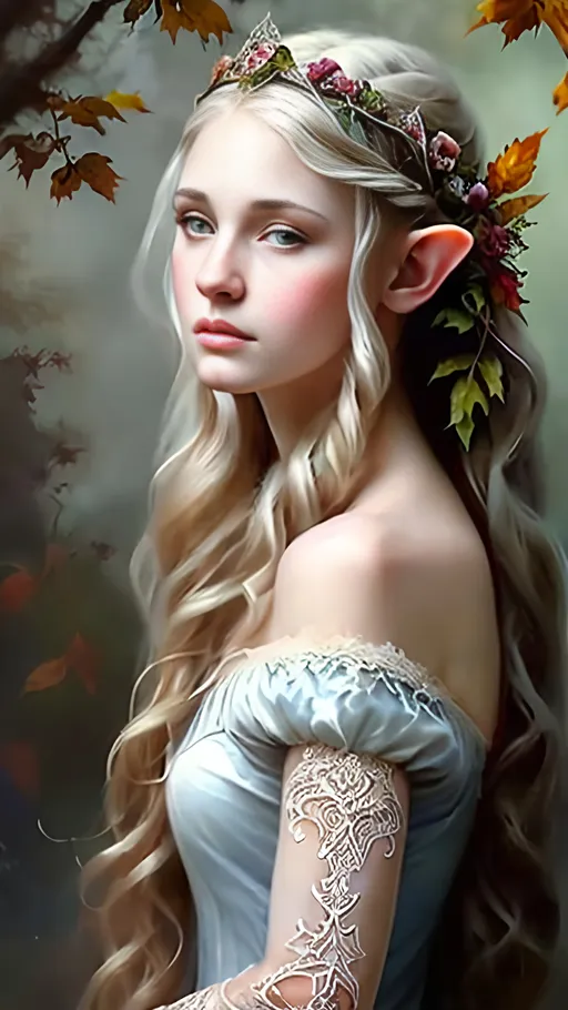 Prompt: airy airbrushed matte oil painting, masterpiece:1.4, best quality:1.0, realistic face; medieval fantasy portrait; highly detailed; achingly beautiful; gorgeous lace gown; tiara; female elf princess; in the style of eric belisle
