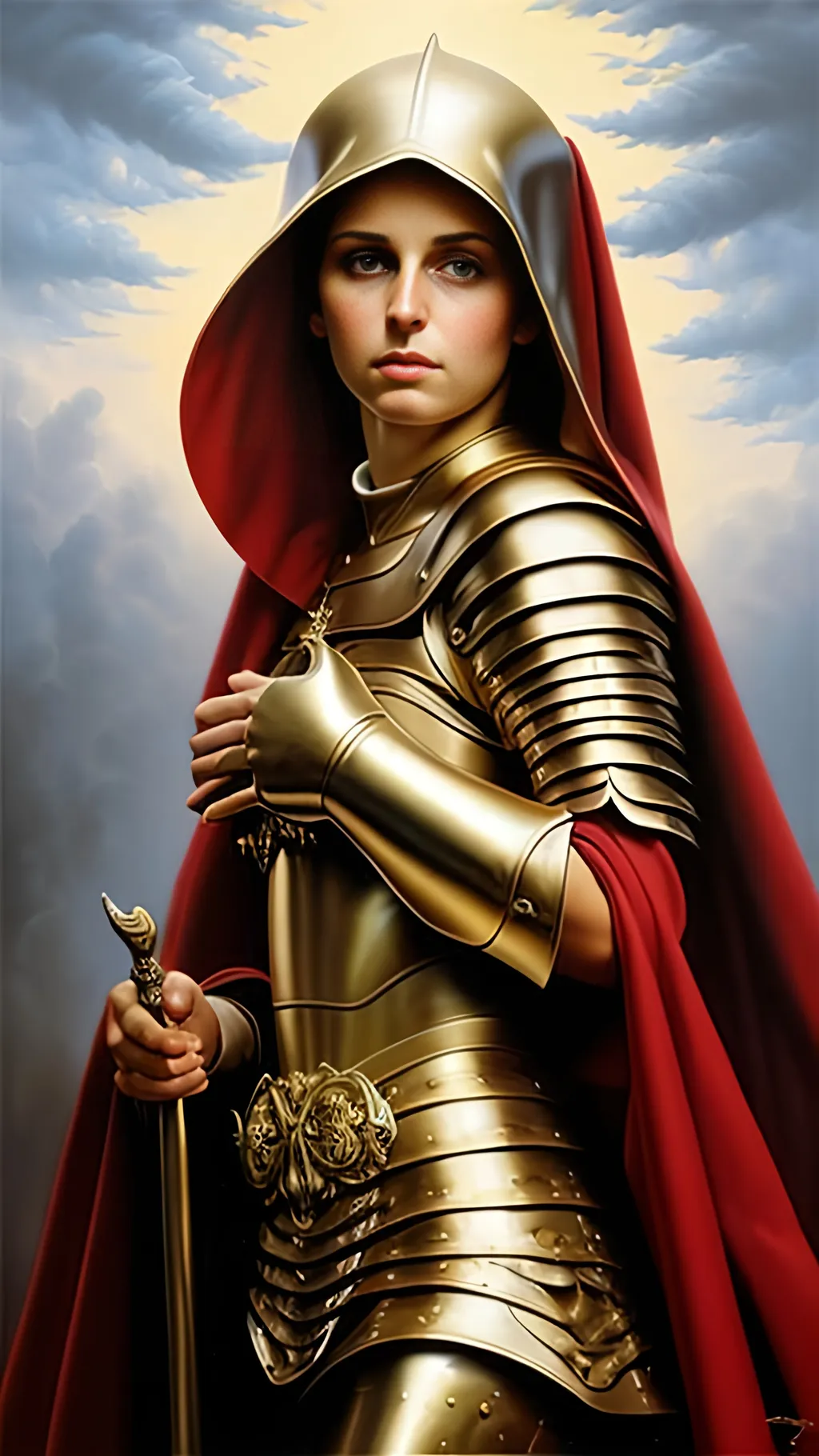 Prompt: airbrushed matte oil painting, masterpiece:1.4, best quality:1.0,
highly detailed, beautiful face, hispanic, medieval fantasy portrait, beautiful young female, warrior nun, gold plate armor, in the style of Eric Belisle