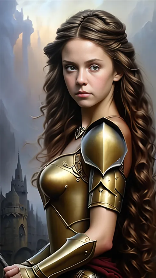 Prompt: airbrushed matte oil painting, masterpiece:1.4, best quality:1.0
realistic beautiful face, medieval fantasy portrait, highly detailed, pretty young adult, female paladin, gold plate armor, in the style of Eric Belisle