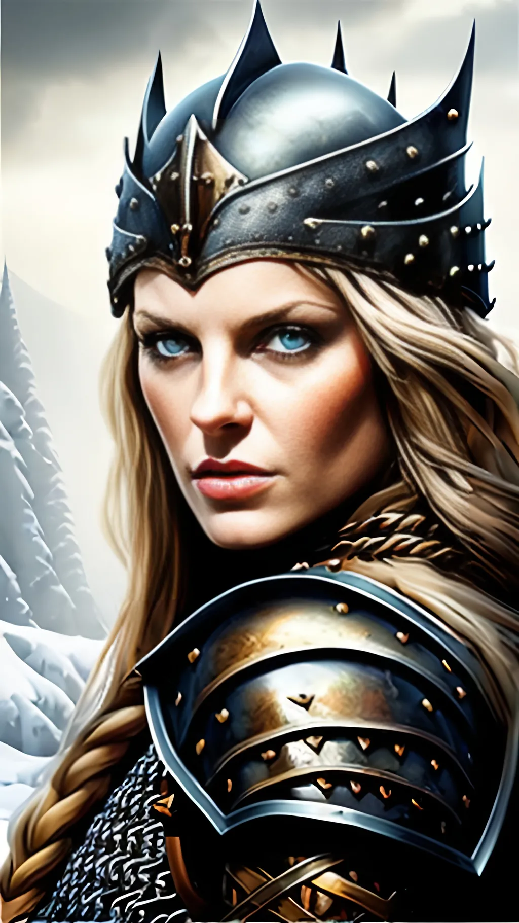 Prompt: stylized matte oil painting, (masterpiece:1.0), (best quality:1.0), medieval fantasy, norse female, character portrait, armored warrior, chainmail