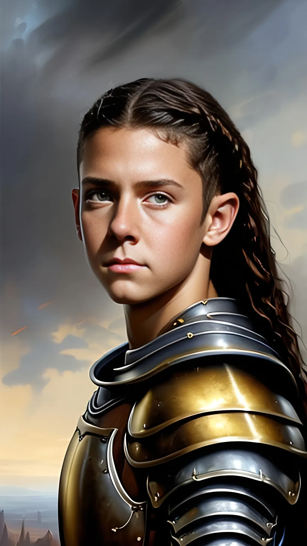 Prompt: airbrushed matte oil painting, masterpiece:1.4, best quality:1.0
realistic detailed face, medieval fantasy portrait, highly detailed, handsome young adult, female paladin, stern look, gold plate armor, in the style of Eric Belisle