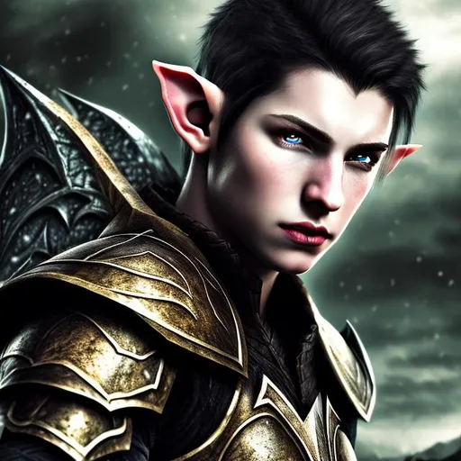 Prompt: realistic; fantasy portrait; white skin; black hair; black eyes; male elf; ranger; leather armor