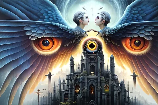 Prompt: airbrushed matte oil painting, masterpiece :1.4, best quality:1.0, non-euclidian series of interlocking discs covered in eyes and wings surrounded by holy radiance