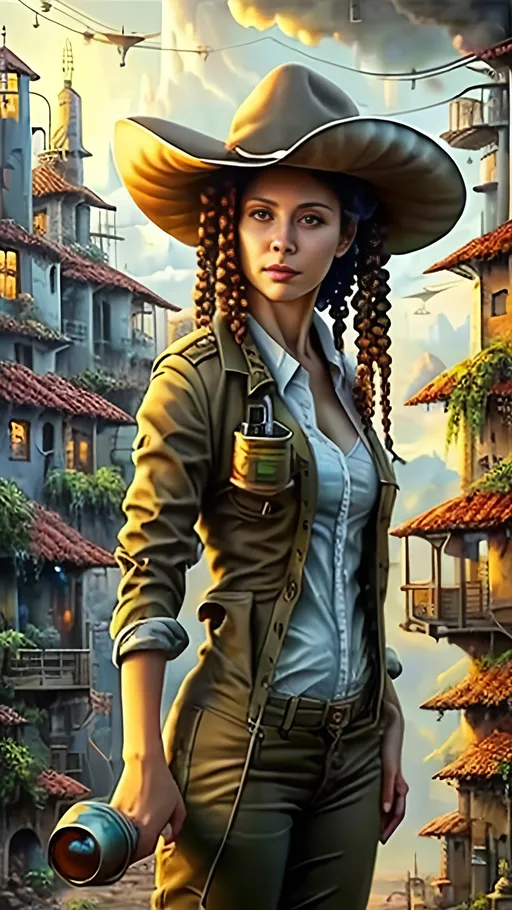 Prompt: airbrushed matte oil painting, masterpiece :1.4, best quality:1.0, optimistic future, beautiful female solarpunk agricultural town sheriff, character portrait, in the style of Eric Belisle