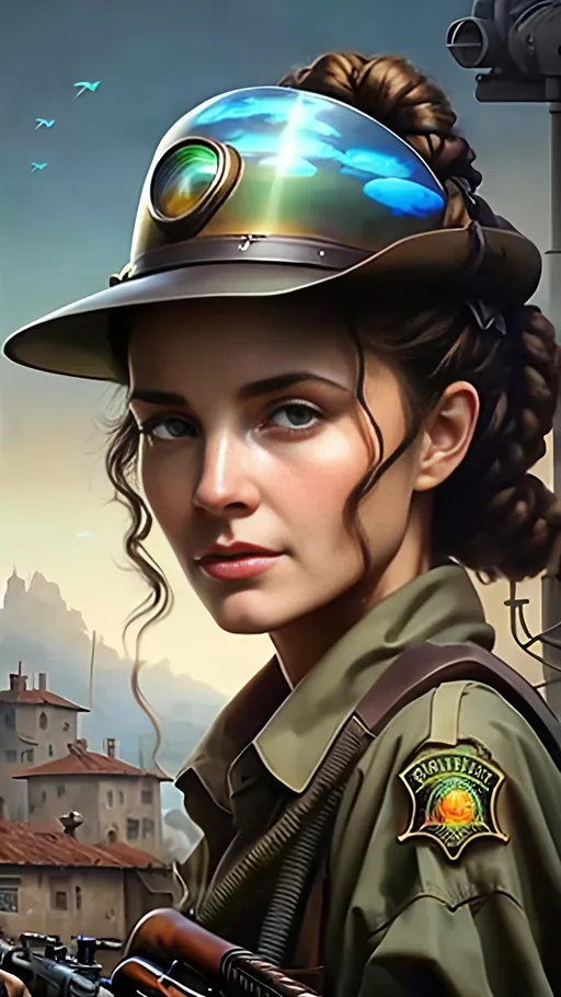 Prompt: airbrushed matte oil painting, masterpiece :1.4, best quality:1.0, optimistic solar-powered future, beautiful female solarpunk agricultural town sheriff, rifle over shoulder, character portrait, in the style of Eric Belisle