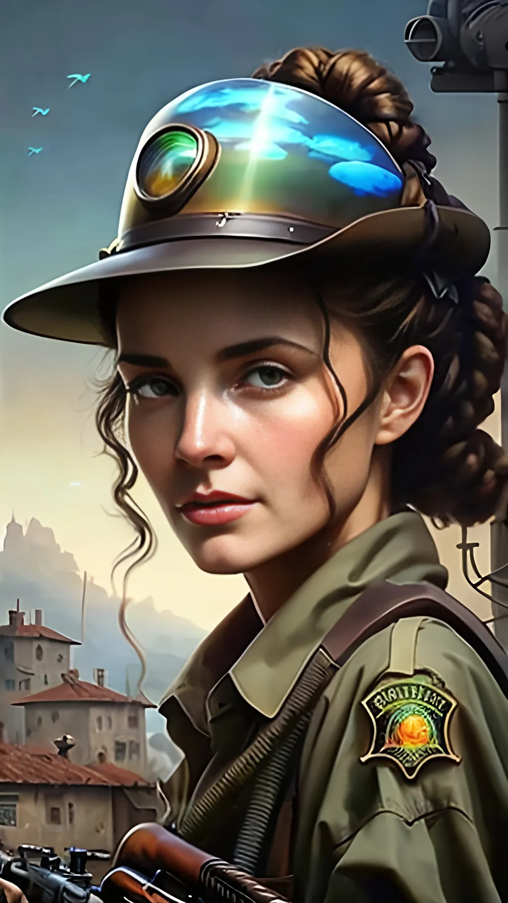 Prompt: airbrushed matte oil painting, masterpiece :1.4, best quality:1.0, optimistic solar-powered future, beautiful female solarpunk agricultural town sheriff, rifle over shoulder, character portrait, in the style of Eric Belisle