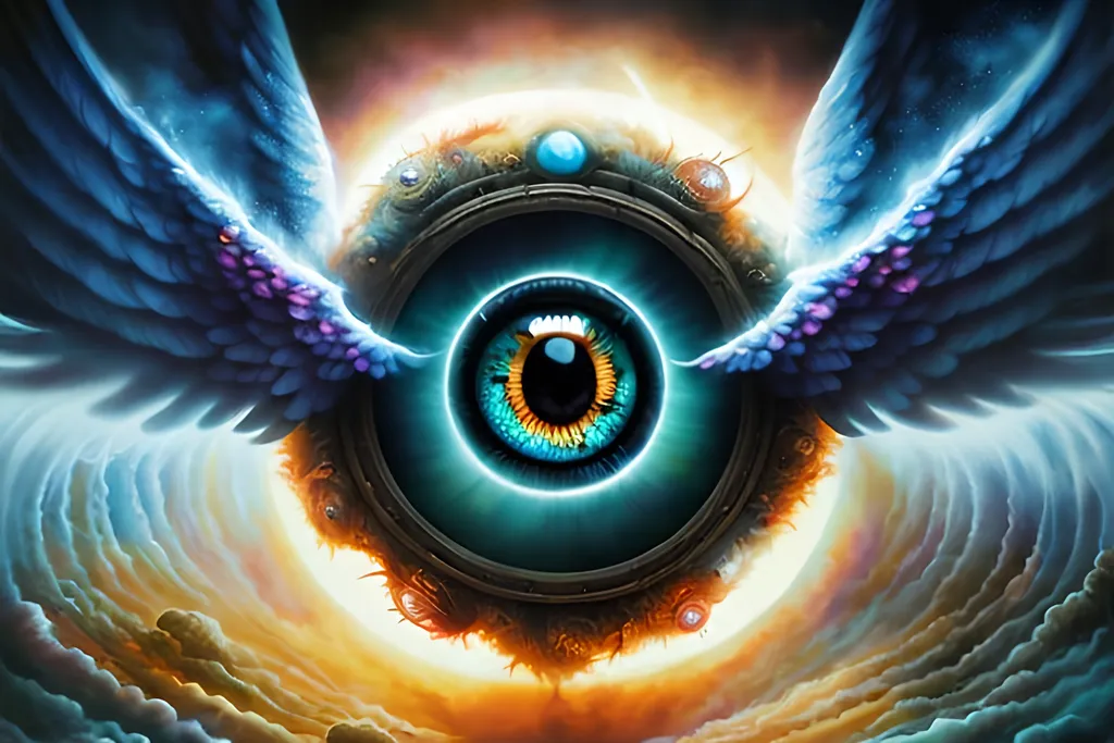 Prompt: airbrushed matte oil painting, masterpiece :1.4, best quality:1.0, series of non-euclidian spinning rings covered in eyes and wings surrounded by holy radiance