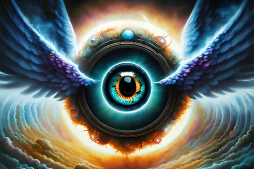 Prompt: airbrushed matte oil painting, masterpiece :1.4, best quality:1.0, series of non-euclidian spinning rings covered in eyes and wings surrounded by holy radiance