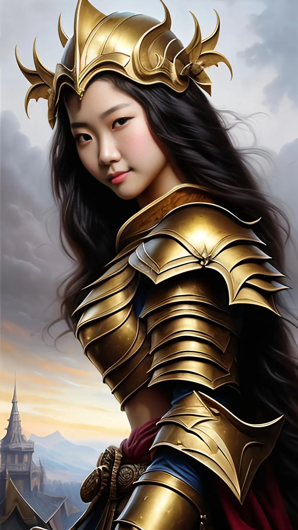 Prompt: airbrushed matte oil painting, masterpiece:1.4, best quality:1.0,
highly detailed, beautiful face, asian woman, medieval fantasy portrait, beautiful young female, paladin, gold plate armor, gold helmet, in the style of Eric Belisle