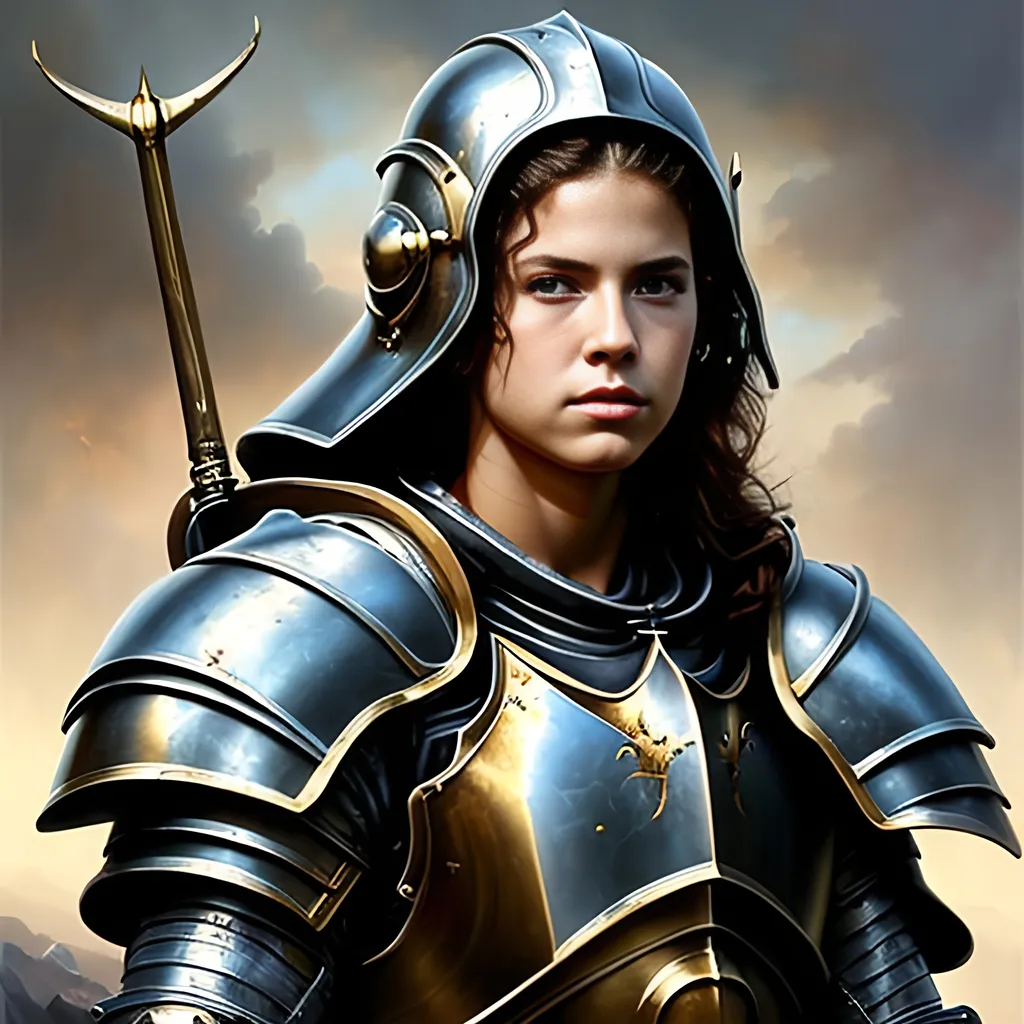 Prompt: airbrushed matte oil painting, masterpiece:1.4, best quality:1.0
realistic beautiful face, medieval fantasy portrait, highly detailed; handsome young female paladin, gold plate armor, in the style of Eric Belisle