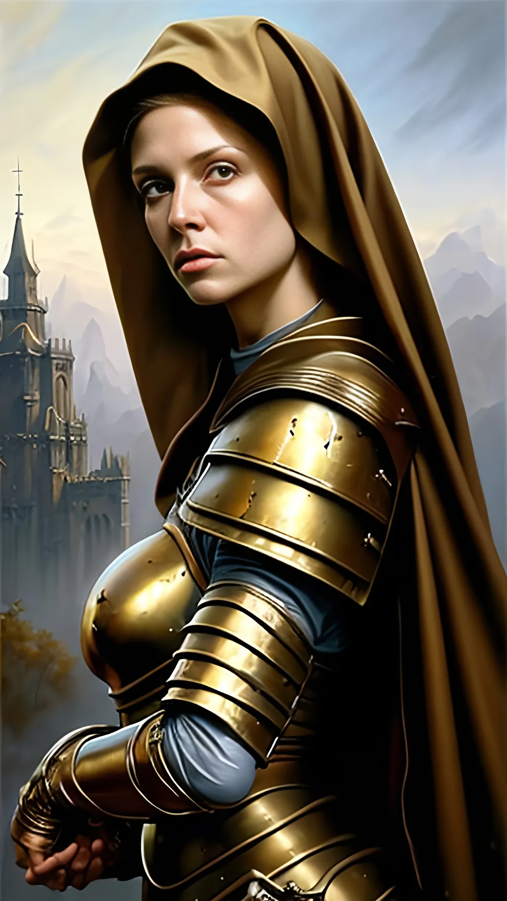 Prompt: airbrushed matte oil painting, masterpiece:1.4, best quality:1.0
realistic beautiful tanned face, medieval fantasy portrait, pretty female warrior nun, gold plate armor, in the style of Eric Belisle