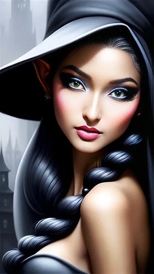 Prompt: airbrushed matte oil painting, masterpiece:1.4, best quality:1.0, female drow dnd elf, dark black skin, white hair, dark skin, soft focus, extremely detailed