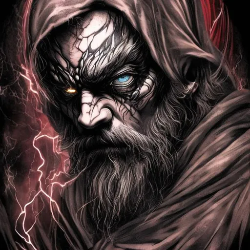 Prompt: artistic face; highly detailed; dark fantasy; darkly handome; wizard; glowing pale eyes; red robes; tattooed face; black lightning