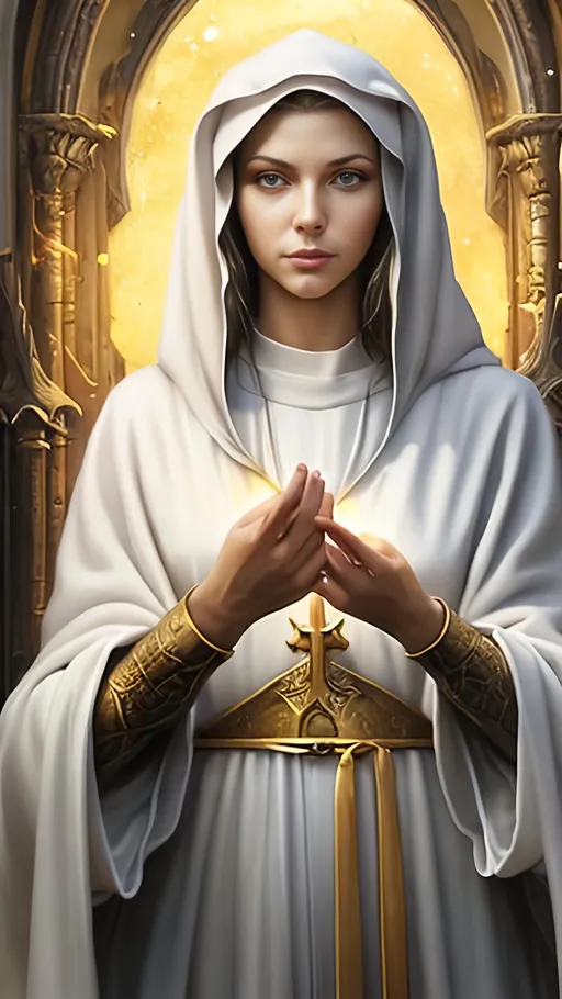 Prompt: airbrushed matte oil painting, masterpiece:1.4, best quality:1.0, photorealistic, highly detailed, medieval fantasy, character portrait, angelic face, serene expression, female aasimar warrior nun, white robes, golden sun amulet, in the style of Eric Belisle