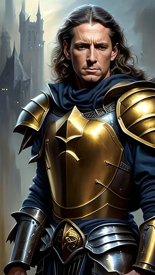 Prompt: airbrushed matte oil painting, masterpiece:1.4, best quality:1.0
realistic detailed face, medieval fantasy portrait, highly detailed; handsome paladin, stern look, gold plate armor, in the style of Eric Belisle