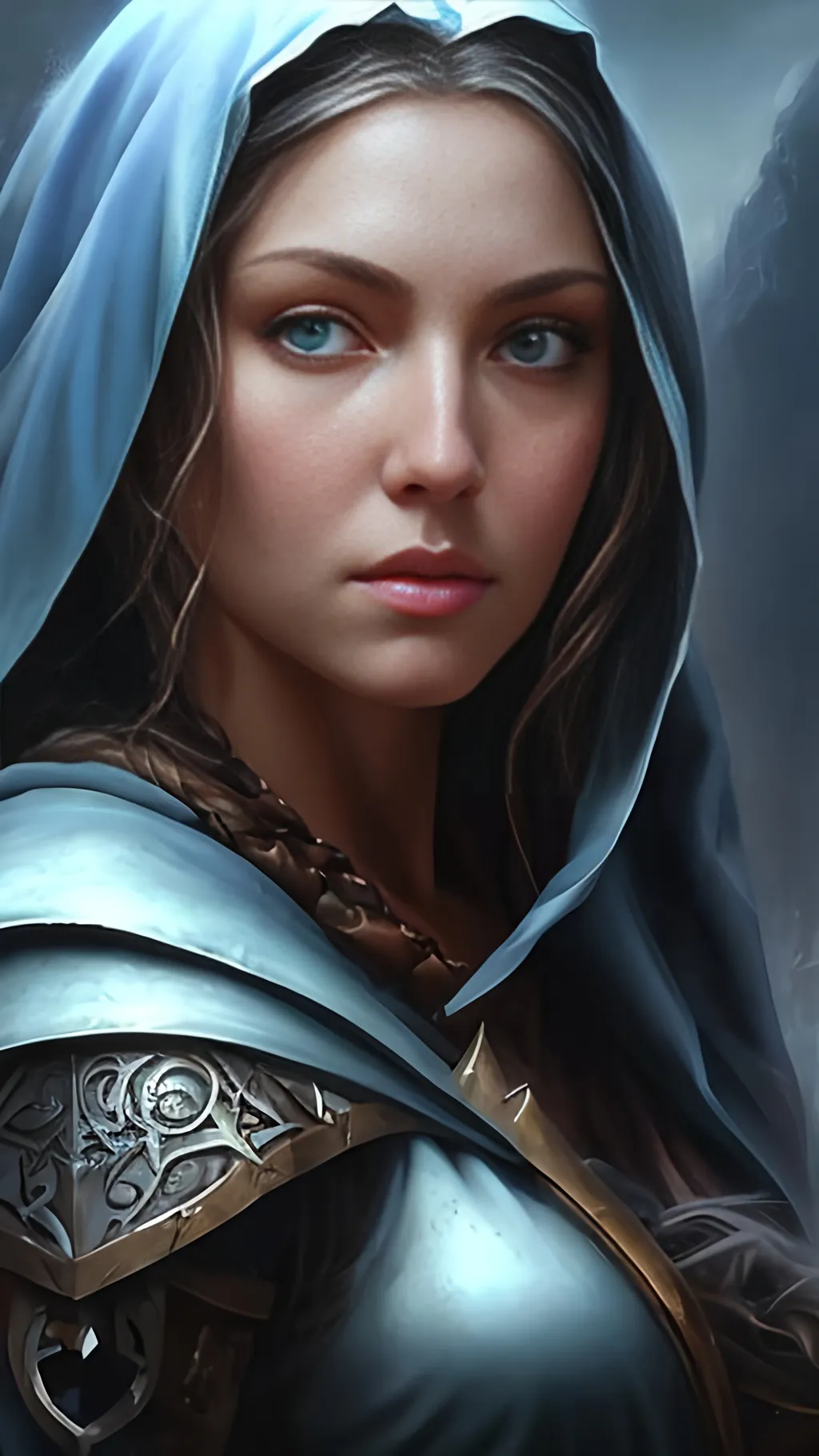 Prompt: airbrushed matte oil painting, masterpiece:1.4, best quality:1.0, photorealistic, highly detailed, medieval fantasy, character portrait, angelic face, female aasimar, serene expression, in the style of Eric Belisle