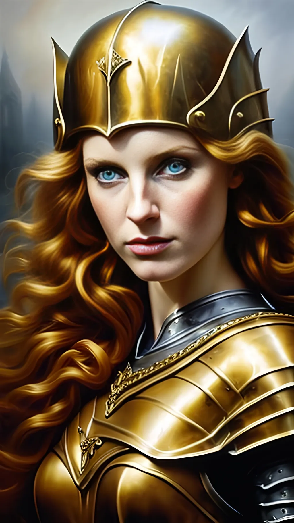 Prompt: airbrushed matte oil painting, masterpiece:1.4, best quality:1.0,
highly detailed face, beautiful irish woman, medieval fantasy portrait, beautiful young female, paladin, red-hair, gold plate armor, gold helmet, in the style of Eric Belisle