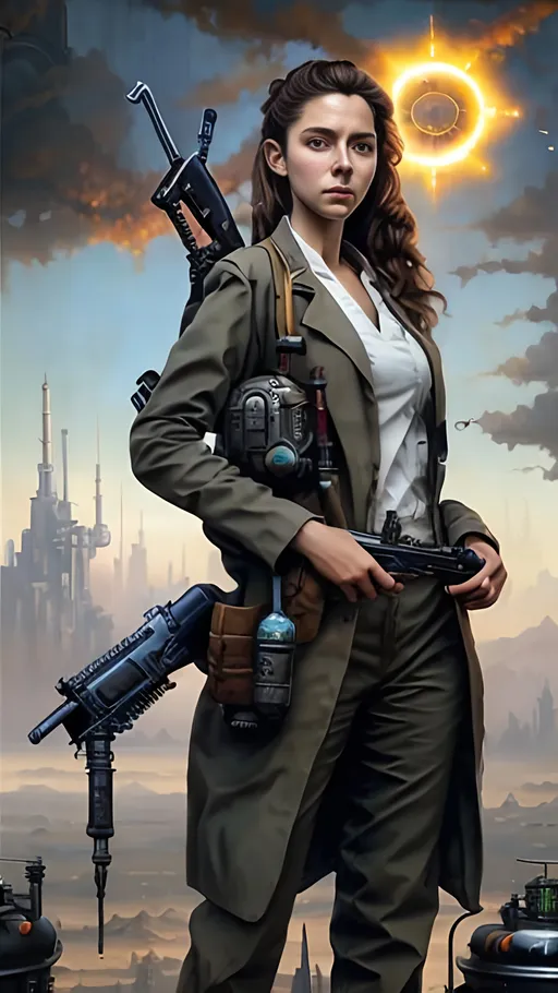 Prompt: airbrushed matte oil painting, masterpiece :1.4, best quality:1.0, optimistic future, solar power, small town, beautiful female solarpunk doctor, shouldered rifle, character portrait, in the style of Eric Belisle
