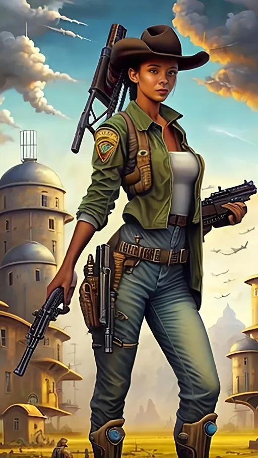 Prompt: airbrushed matte oil painting, masterpiece :1.4, best quality:1.0, optimistic solar-powered future, beautiful female solarpunk agricultural town sheriff with a rifle over her shoulder, character portrait, in the style of Eric Belisle