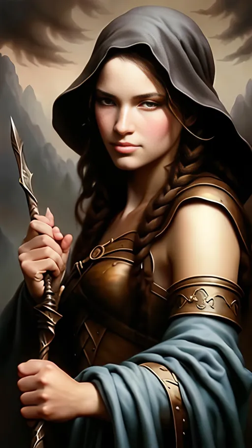 Prompt: airbrushed matte oil painting, masterpiece :1.4, best quality:1.0, medieval fantasy, D&D, character portrait, in the style of Eric Belisle