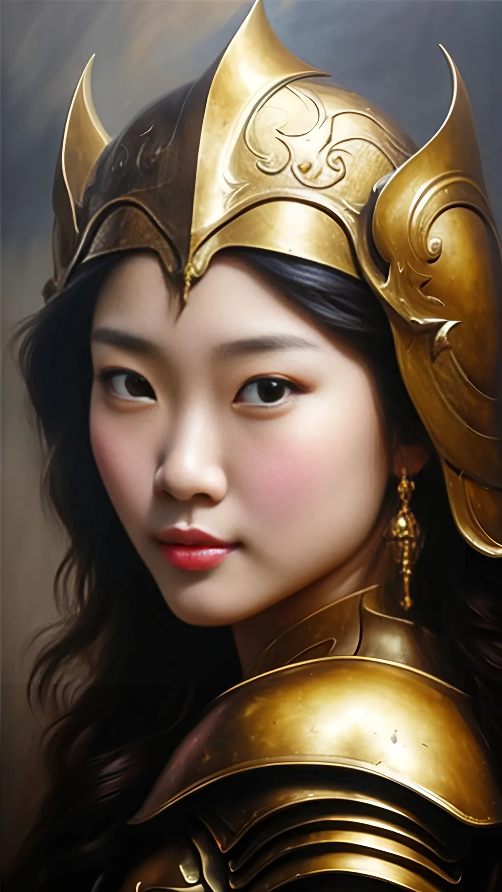 Prompt: airbrushed matte oil painting, masterpiece:1.4, best quality:1.0,
highly detailed, beautiful face, asian woman, medieval fantasy portrait, beautiful young female, paladin, gold plate armor, gold helmet, in the style of Eric Belisle