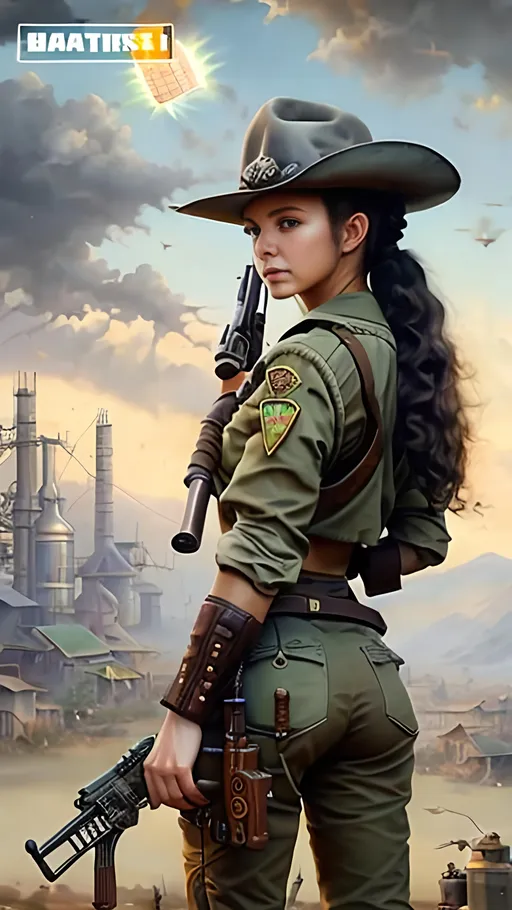 Prompt: airbrushed matte oil painting, masterpiece :1.4, best quality:1.0, optimistic future, solar-powered agricultural town, beautiful female solarpunk sheriff, rifle over shoulder, character portrait, in the style of Eric Belisle
