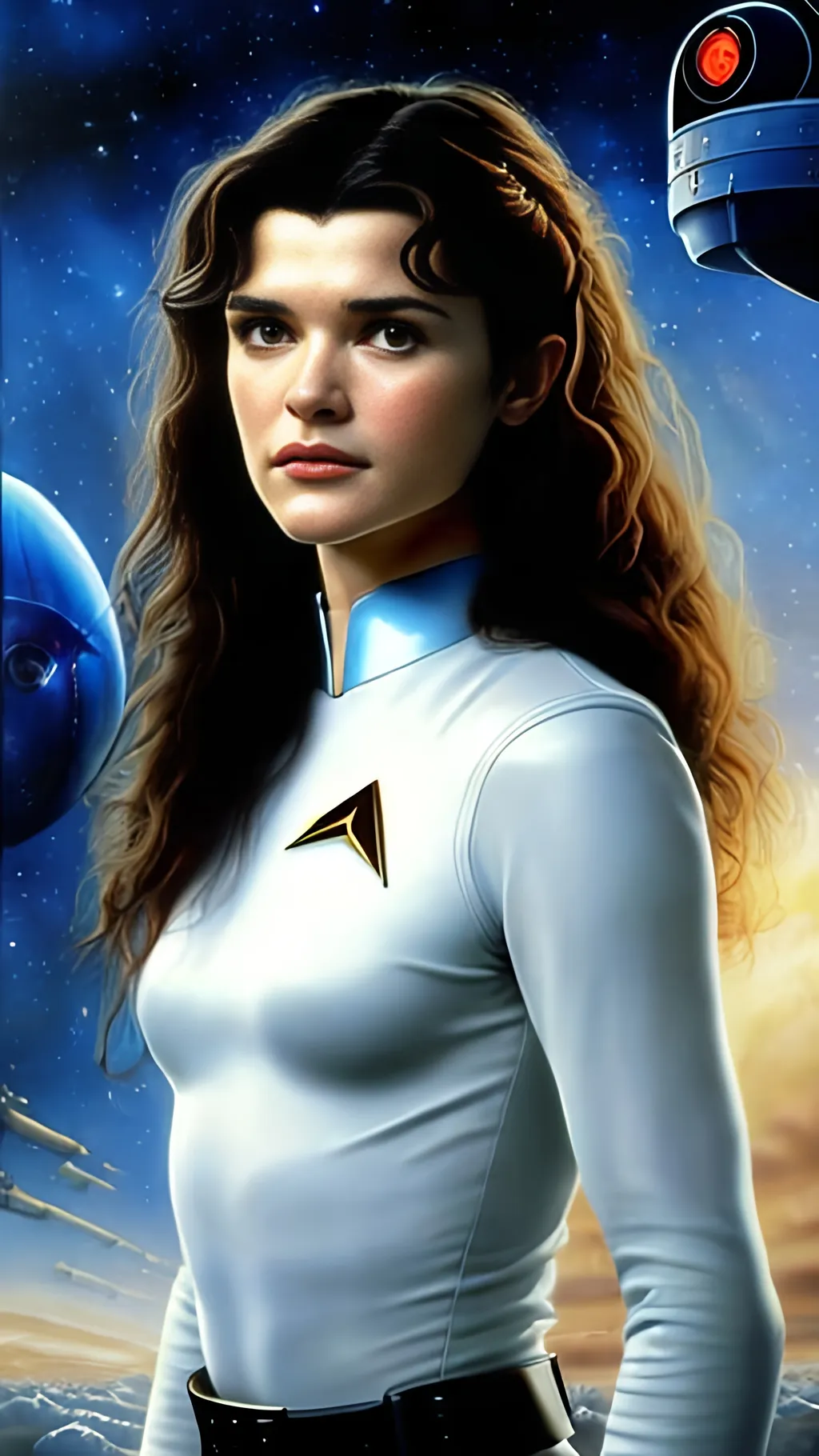 Prompt: airbrushed photograph, masterpiece :1.4, best quality:1.0, photorealistic, highly detailed, real world, beautiful face, young Rachel Weisz as a Starfleet Captain, in the style of Eric Belisle