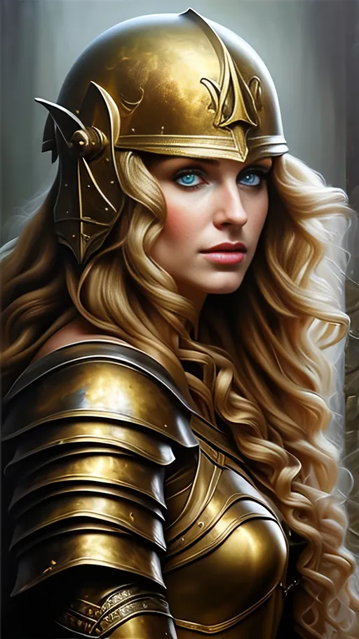 Prompt: airbrushed matte oil painting, masterpiece:1.4, best quality:1.0,
highly detailed face, beautiful irish woman, medieval fantasy portrait, beautiful young female, paladin, gold plate armor, gold helmet, in the style of Eric Belisle