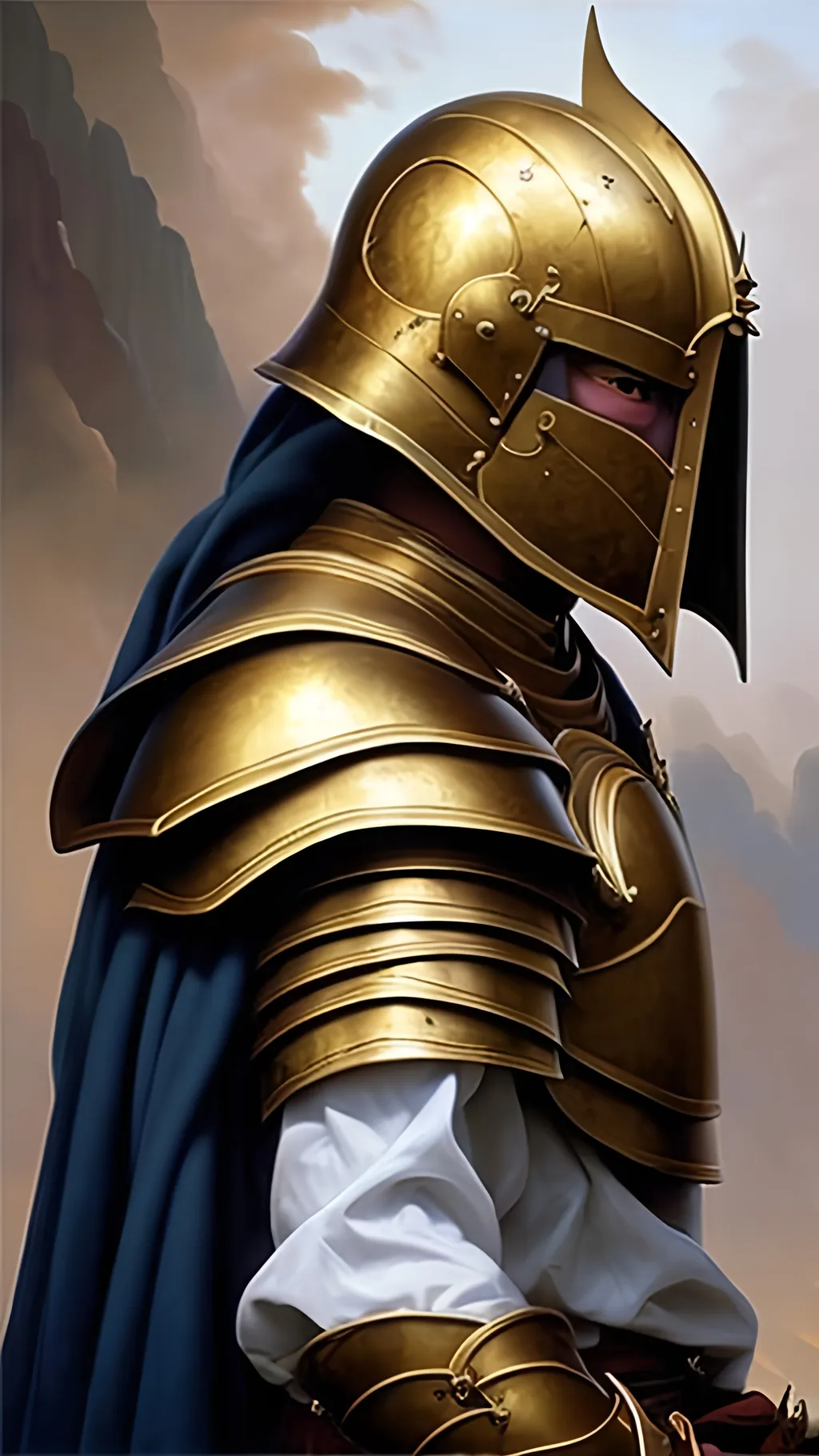 Prompt: airbrushed matte oil painting, masterpiece:1.4, best quality:1.0,
highly detailed, beautiful face, asian woman, medieval fantasy portrait, beautiful young female, paladin, gold plate armor, gold helmet, in the style of Eric Belisle