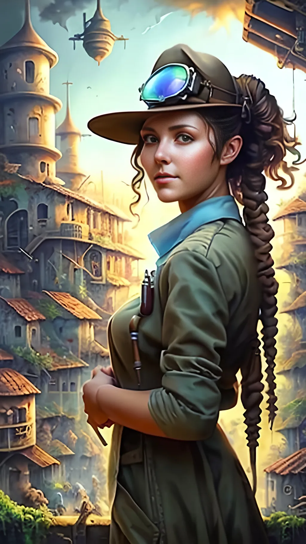 Prompt: airbrushed matte oil painting, masterpiece :1.4, best quality:1.0, optimistic future, beautiful female solarpunk agricultural town sheriff, character portrait, in the style of Eric Belisle