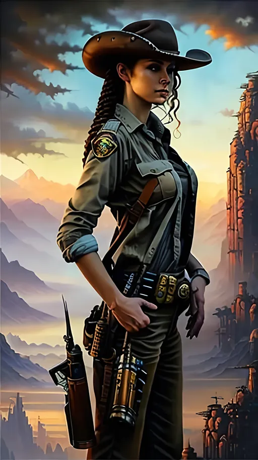 Prompt: airbrushed matte oil painting, masterpiece :1.4, best quality:1.0, beautiful female solarpunk frontier sheriff, character portrait, in the style of Eric Belisle