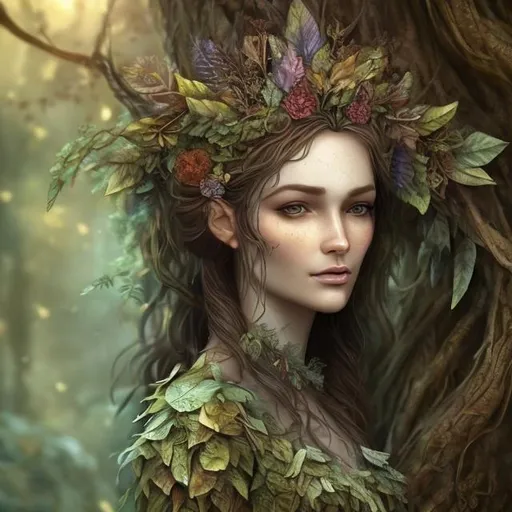 Prompt: realistic face; highly detailed; beautiful; dryad; peaking from behind a tree; dress made of leaves; crown of flowers