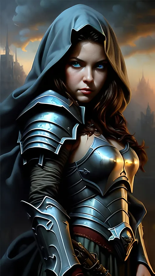 Prompt: airbrushed matte oil painting, masterpiece:1.4, best quality:1.0, photorealistic, real world, high definition, dark fantasy, character portrait, beautiful face, oathbreaker paladin, armor, glowing red eyes, in the style of eric belisle