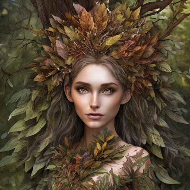 Prompt: realistic face; highly detailed; beautiful; dryad; dress made of leaves; crown of flowers; peaking from behind a tree