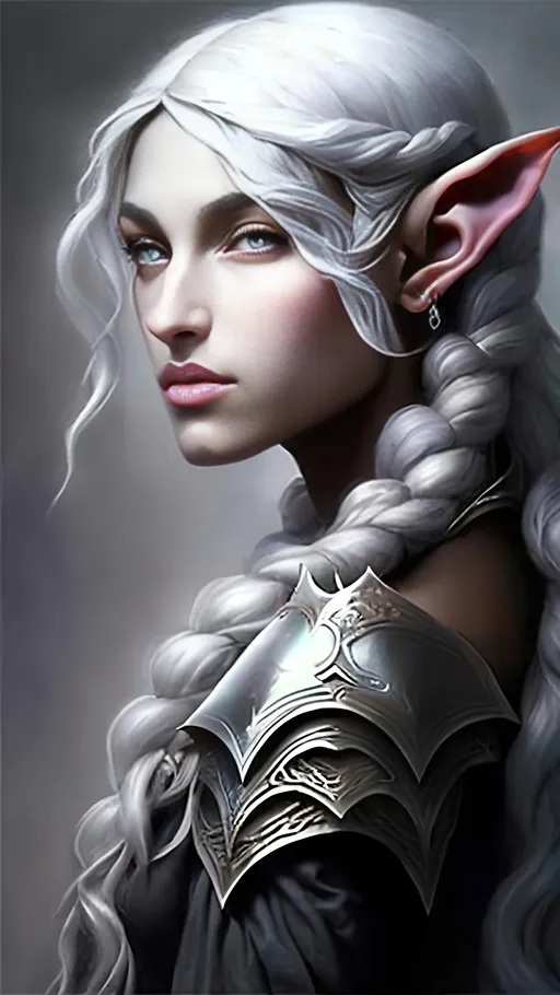 Prompt: airy airbrushed matte oil painting, masterpiece:1.4, best quality:1.0, beautiful face; dark medieval fantasy portrait; drow elf; dark elf; black-skin; white-hair; highly detailed; armor
