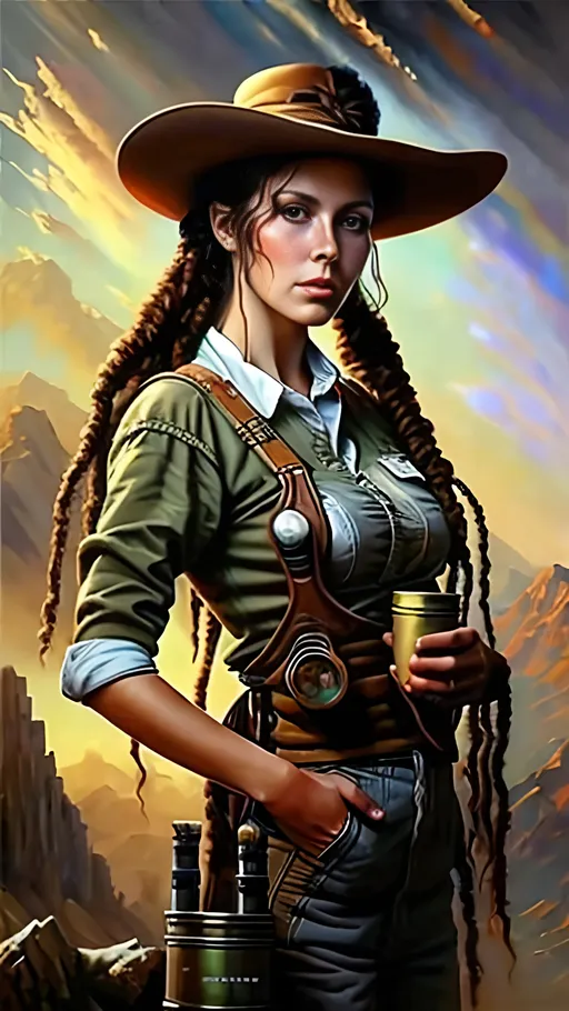 Prompt: airbrushed oil painting, masterpiece :1.4, best quality:1.0, solarpunk female settler, character portrait, in the style of Eric Belisle