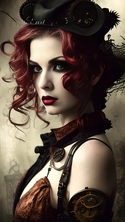 Prompt: color photograph, (masterpiece:1.0) (best quality:1.0), highly detailed, character portrait, steampunk horror, beautiful, noir femme fatale