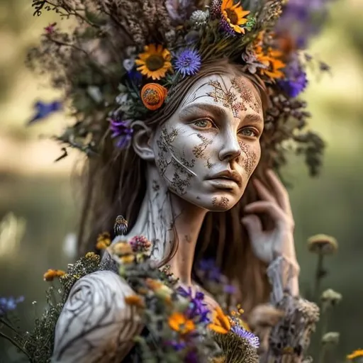 Prompt: realistic face; highly detailed; beautiful; dryad; wooden skin; dress made of wildflowers; crown of wildflowers; peaking from behind a tree