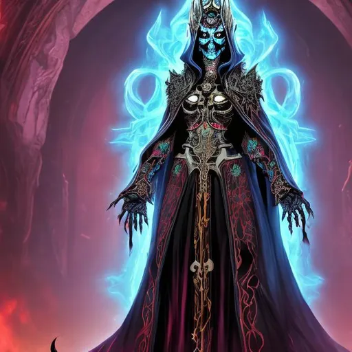 Prompt: female lich with glowing red eyes wearing ornate arcane robes and a black crystal crown