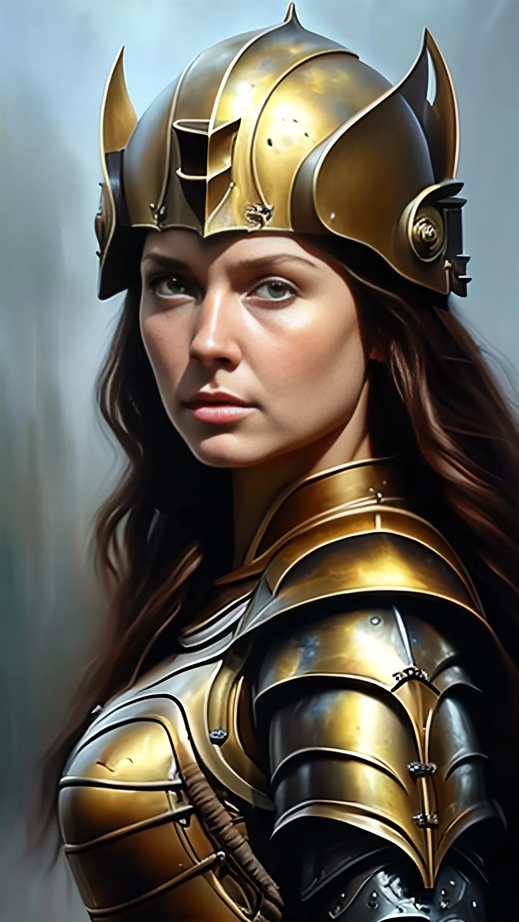 Prompt: airbrushed matte oil painting, masterpiece:1.4, best quality:1.0
realistic beautiful tanned face, medieval fantasy portrait, highly detailed, pretty female paladin, gold plate armor, in the style of Eric Belisle