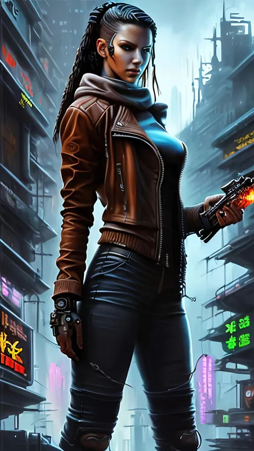 Prompt: airbrushed matte oil painting, masterpiece :1.4, best quality:1.0, cyberpunk, female street mage wearing a brown leather jacket, character portrait, in the style of Eric Belisle