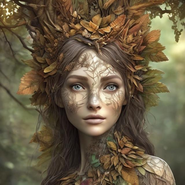 Prompt: realistic face; highly detailed; beautiful; dryad; dress made of leaves; crown of flowers; peaking from behind a tree