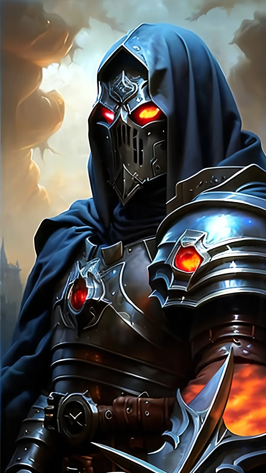 Prompt: airbrushed matte oil painting, masterpiece:1.4, best quality:1.0, photorealistic, real world, high definition, dark fantasy, character portrait, beautiful face, oathbreaker paladin, armor, glowing red eyes, in the style of eric belisle