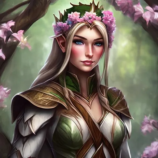 Prompt: female wood elf ranger with a crown of flowers