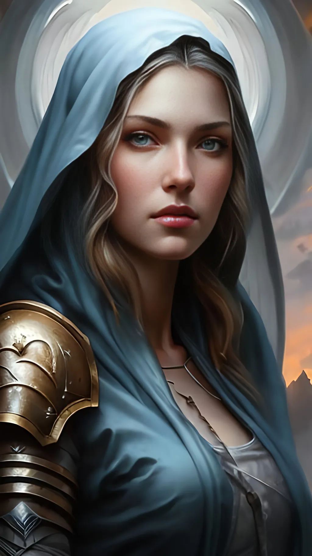 Prompt: airbrushed matte oil painting, masterpiece:1.4, best quality:1.0, photorealistic, highly detailed, medieval fantasy, character portrait, angelic face, female aasimar, serene expression, in the style of Eric Belisle