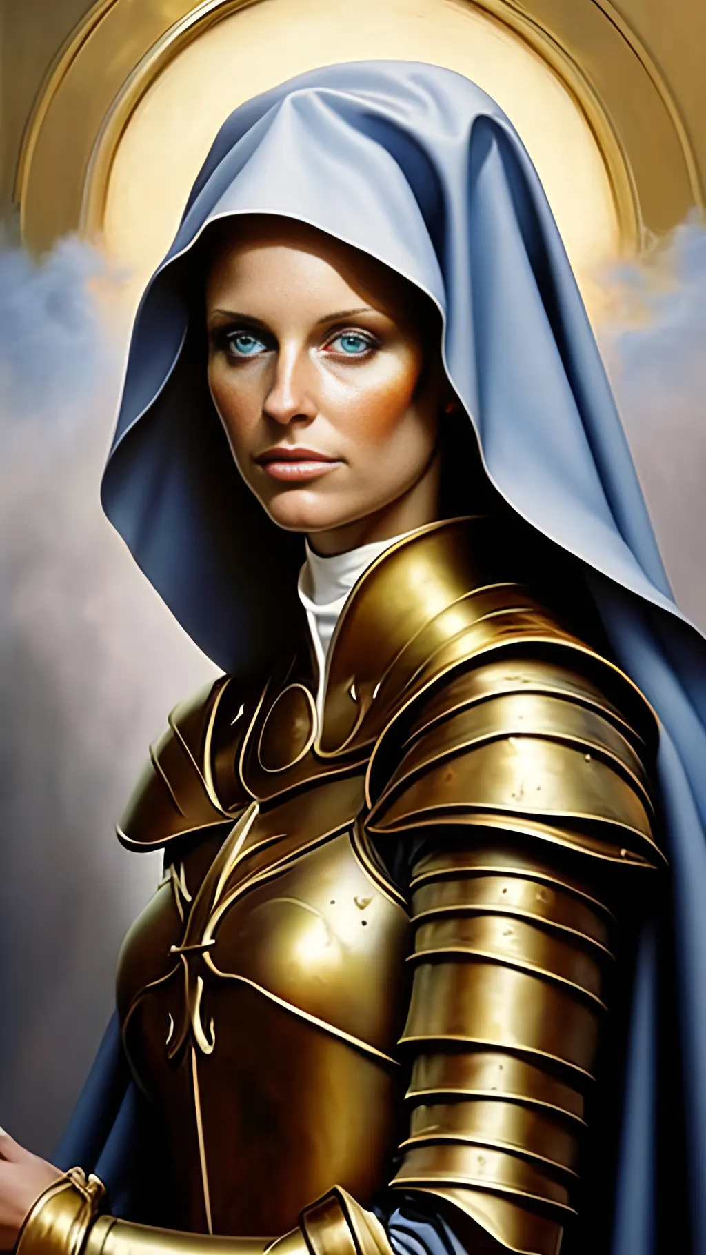 Prompt: airbrushed matte oil painting, masterpiece:1.4, best quality:1.0
beautiful, sun tanned face, medieval fantasy portrait, pretty female warrior nun, gold plate armor, in the style of Eric Belisle