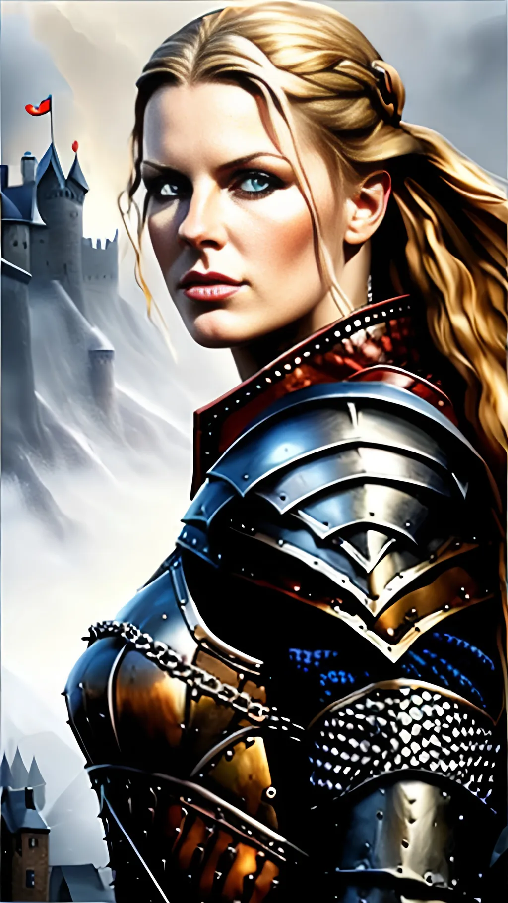 Prompt: stylized matte oil painting, (masterpiece:1.0), (best quality:1.0), medieval fantasy, norse female, character portrait, armored warrior, chainmail