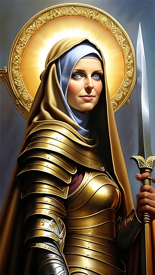 Prompt: airbrushed matte oil painting, masterpiece:1.4, best quality:1.0
beautiful, sun tanned face, medieval fantasy portrait, pretty female warrior nun, gold plate armor, in the style of Eric Belisle