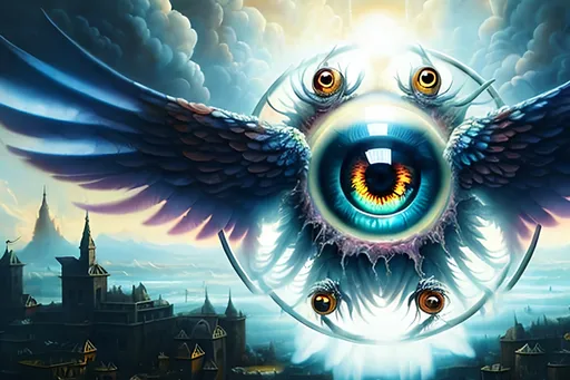 Prompt: airbrushed matte oil painting, masterpiece :1.4, best quality:1.0, series of non-euclidian spinning rings covered in eyes and wings surrounded by holy radiance