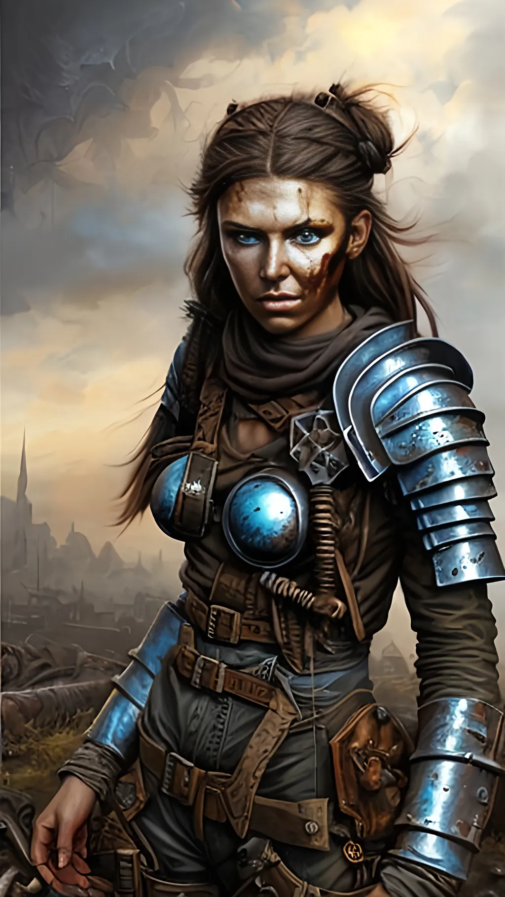 Prompt: airbrushed matte oil painting, masterpiece :1.4, best quality:1.0, post-apocalyptic, dirty face, female in cobbled together piecemeal armor, character portrait, in the style of Eric Belisle